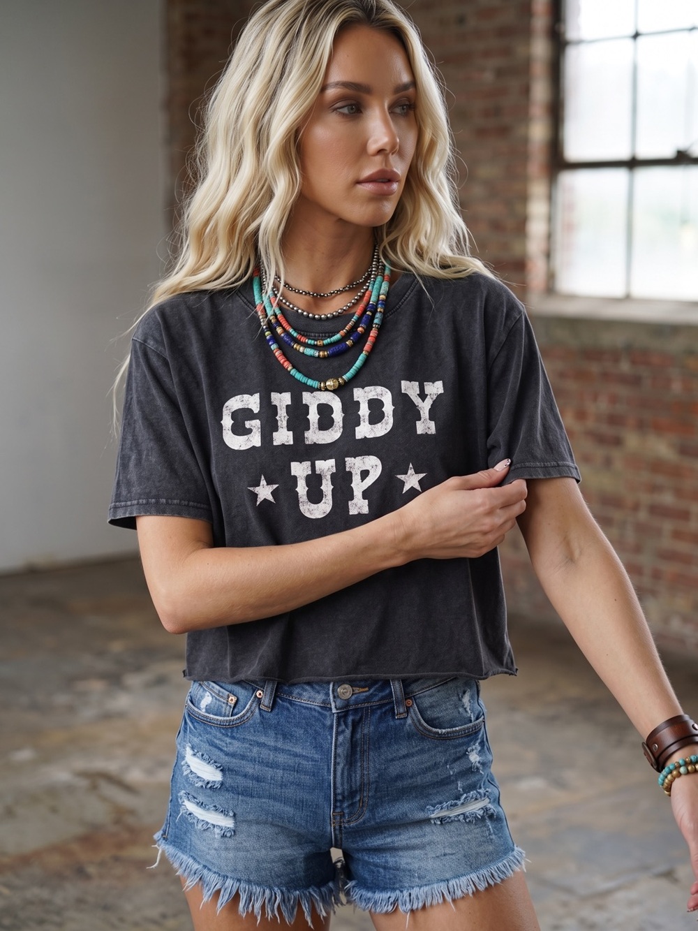 NWT Giddy Up Graphic Washed Raw Hem Crop Cropped Tee T-Shirt Top - Picture 5 of 7